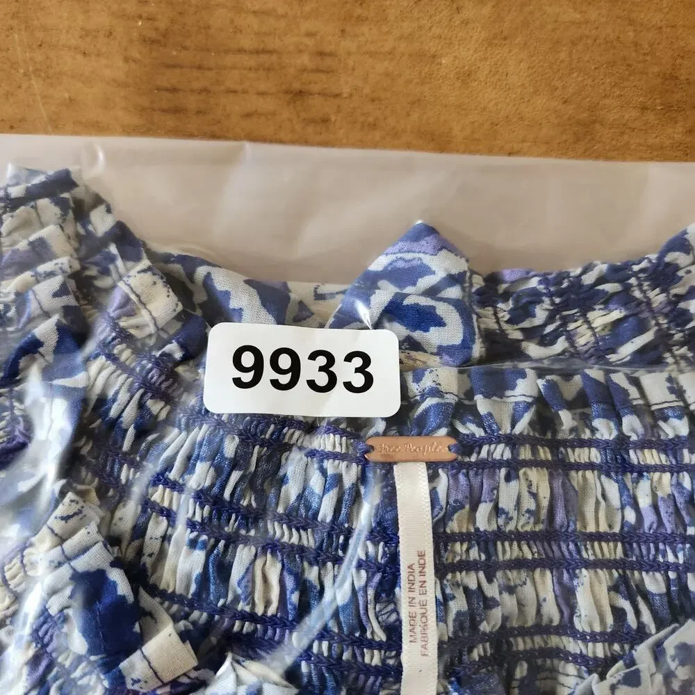 Free People Top Women's XS Blue Willow Printed Smocked Puff Sleeve Tie Babydoll